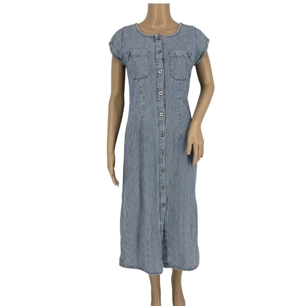 Isabella Bird Anthro denim midi dress 8 blue white stripe short cap sleeve‎